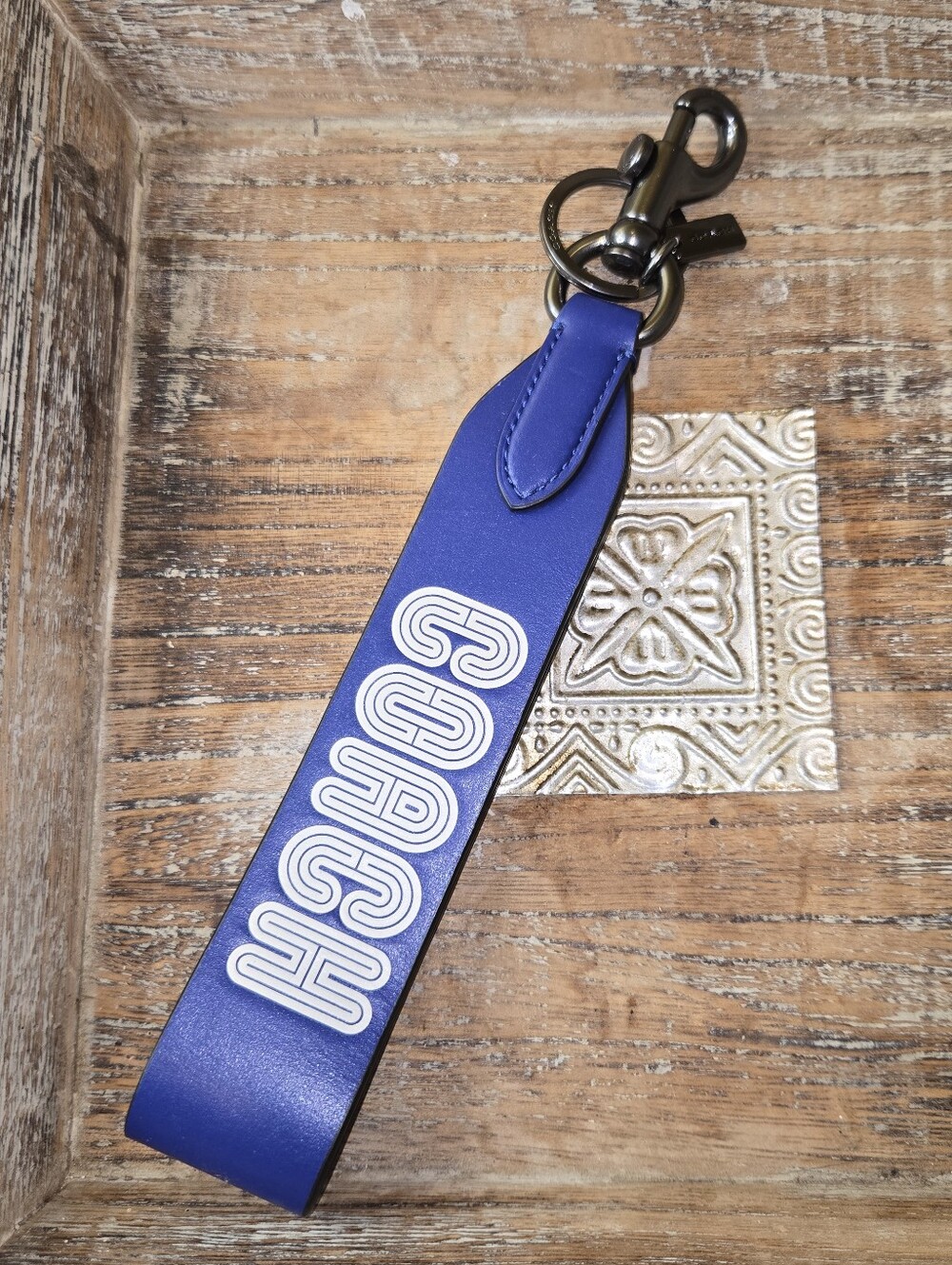 Coach Cobalt Royal Blue Leather Graphic Logo Trigger Snap Key Fob Wristlet Strap